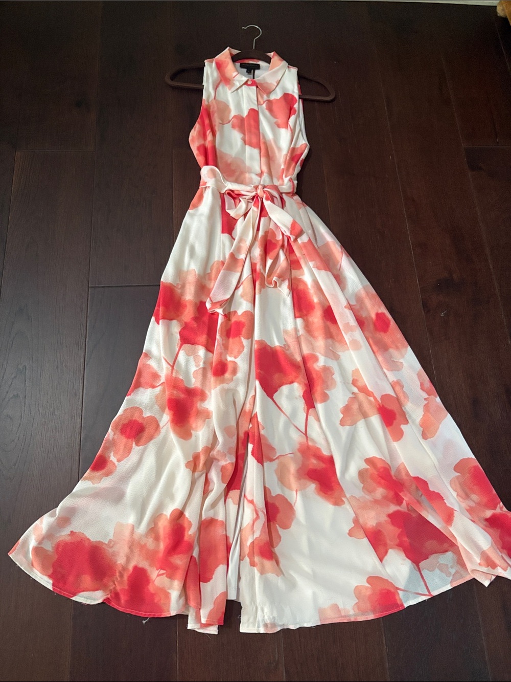 Donna Karan Coral and White Sleeveless Tie-Waist Midi/Maxi Dress